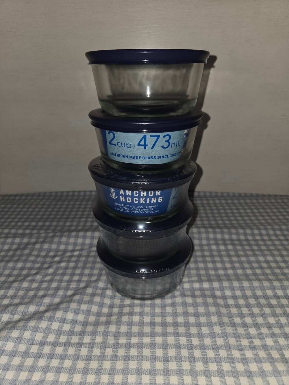 Anchor Hocking  Glass Round Storage Bowls with navy Blue Lids 5 piece